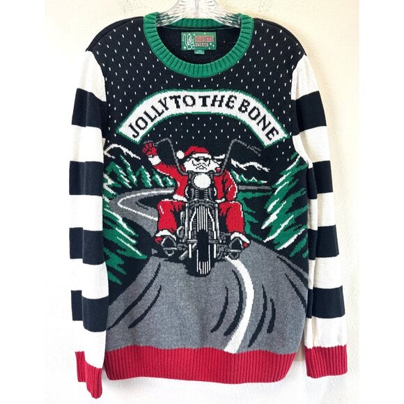 Ugly Christmas Sweater Men's Santa on a Motorcycle Size Medium Black Gray - Picture 2 of 11
